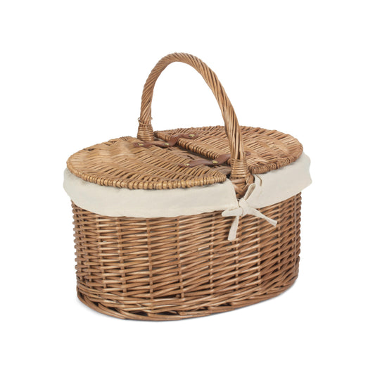Light Steamed Willow Oval Lidded Picnic Hamper Basket with White Lining