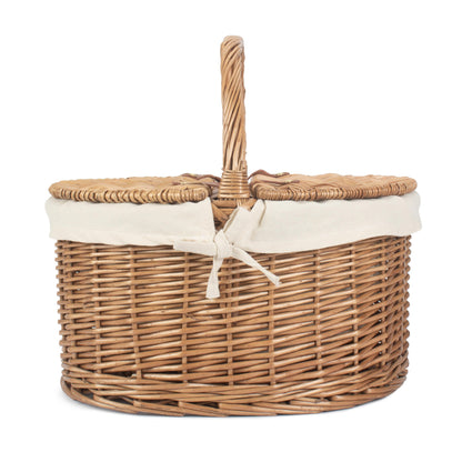Light Steamed Willow Oval Lidded Picnic Hamper Basket with White Lining