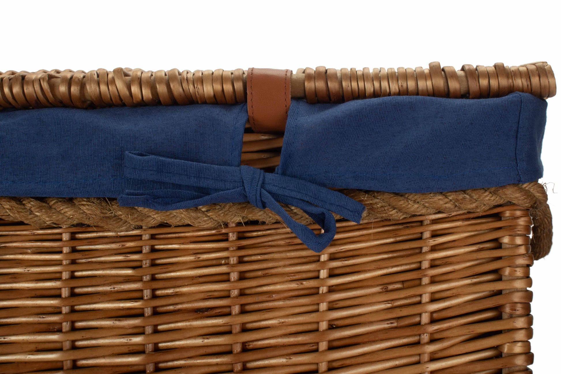 29 Inch Light Steamed Willow Storage Hamper with Navy Blue Lining