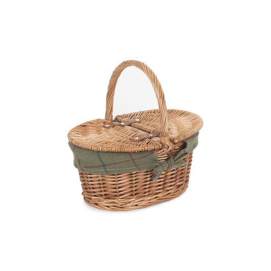 Child's Light Steamed Finish Willow Oval Picnic Basket with Green Tweed Lining