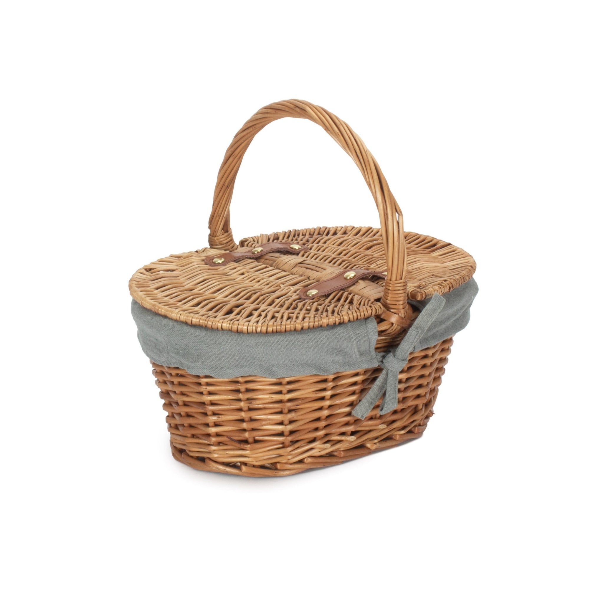 Child's Light Steamed Finish Willow Oval Picnic Basket with Grey Sage Lining