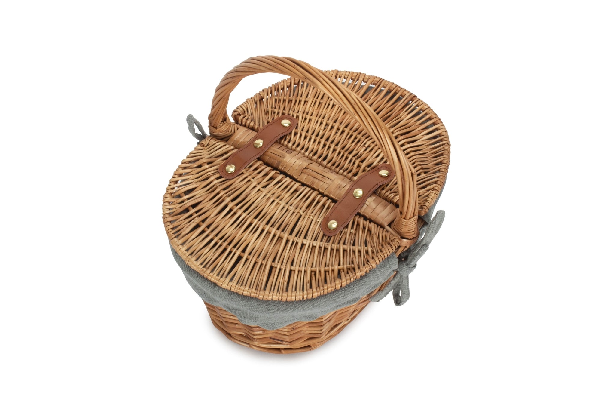 Child's Light Steamed Finish Willow Oval Picnic Basket with Grey Sage Lining