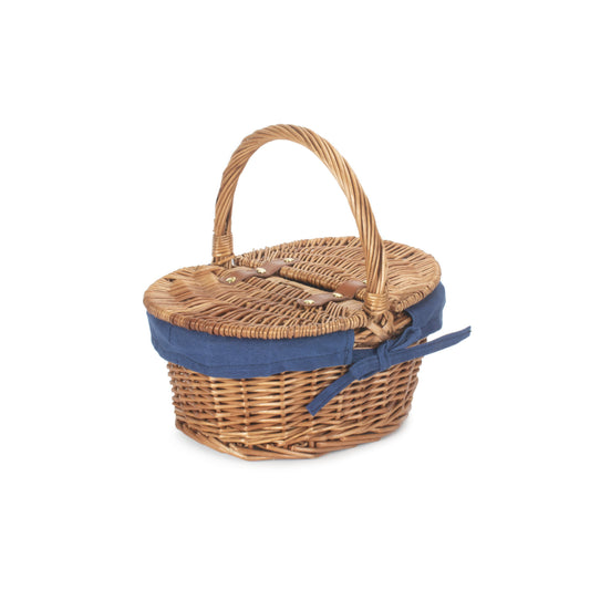 Child's Light Steamed Finish Willow Oval Picnic Basket with Navy Blue Lining