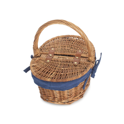 Child's Light Steamed Finish Willow Oval Picnic Basket with Navy Blue Lining