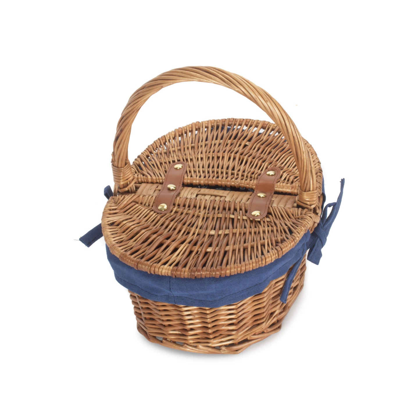 Child's Light Steamed Finish Oval Picnic Basket With Navy Blue Lining