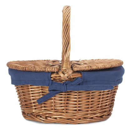 Child's Light Steamed Finish Willow Oval Picnic Basket with Navy Blue Lining
