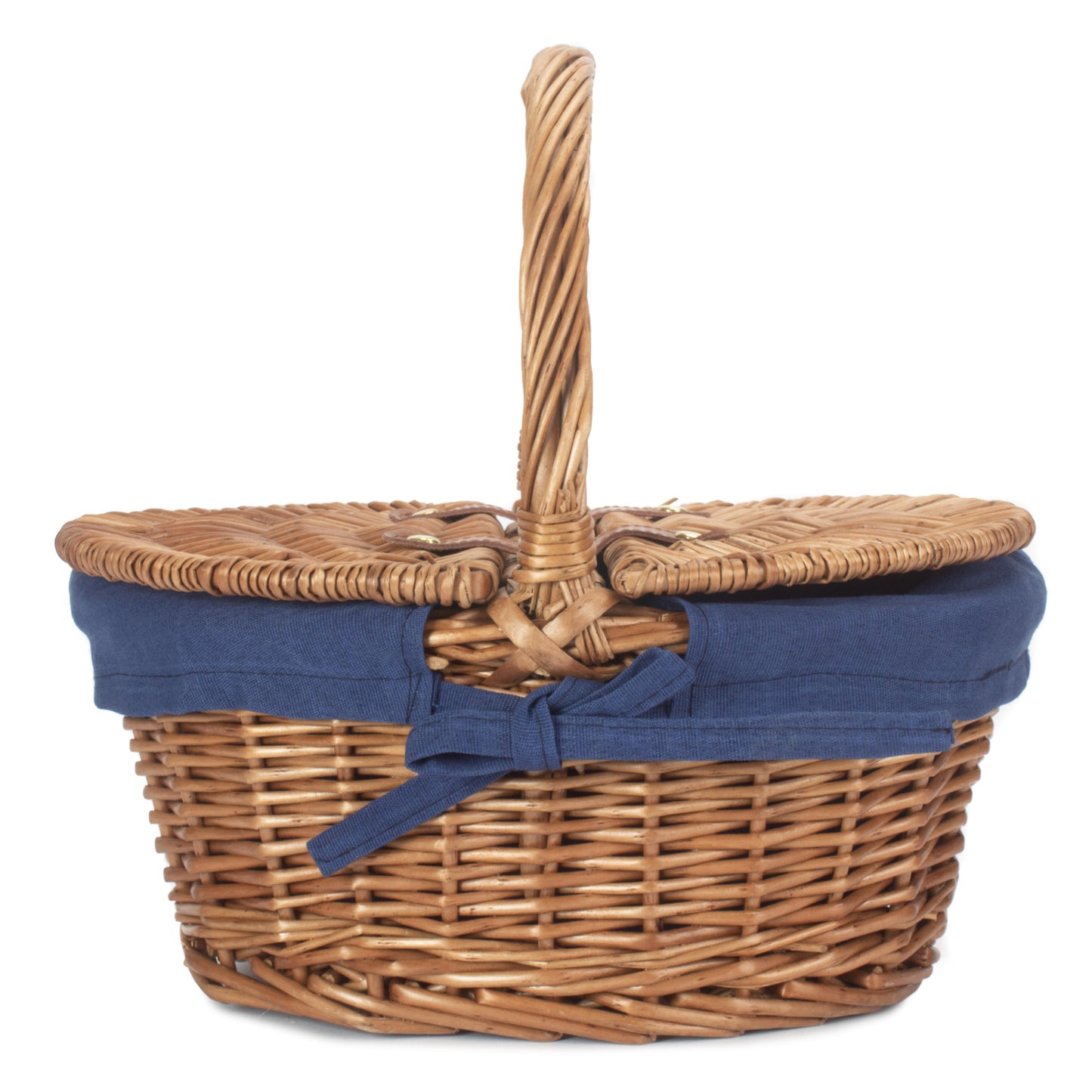 Child's Light Steamed Finish Oval Picnic Basket With Navy Blue Lining