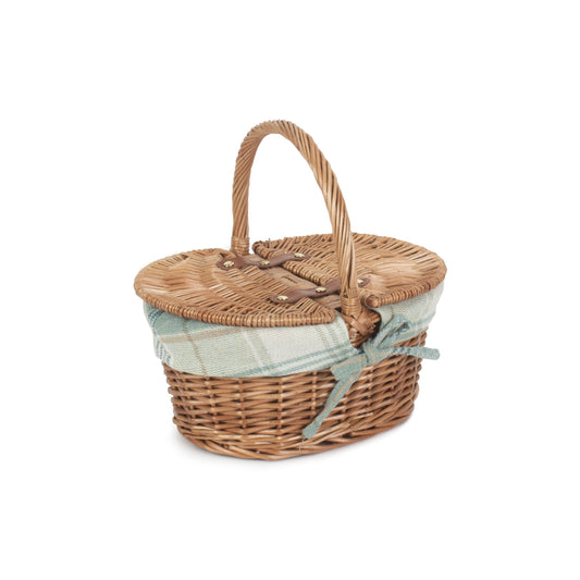 Child's Light Steamed Finish Willow Oval Picnic Basket with Cream Tartan Lining