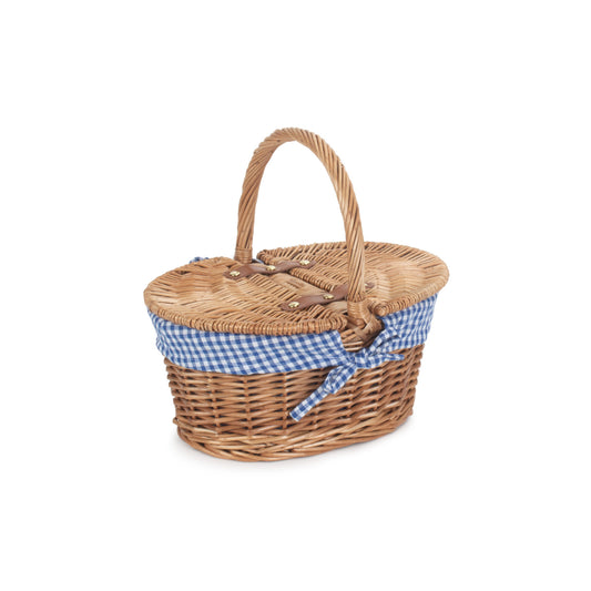 Child's Light Steamed Finish Willow Oval Picnic Basket with Blue & White Checked Lining