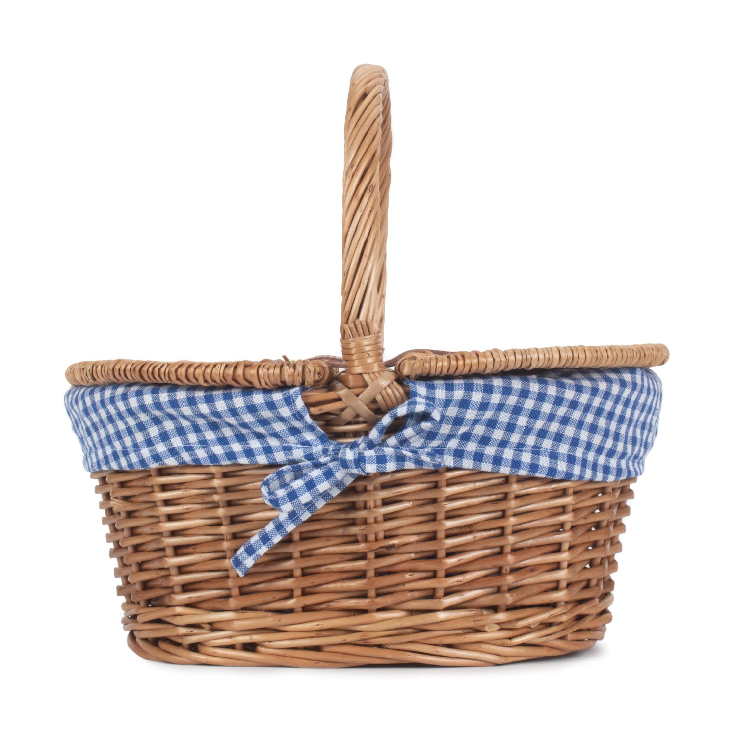 Child's Light Steamed Finish Willow Oval Picnic Basket with Blue & White Checked Lining