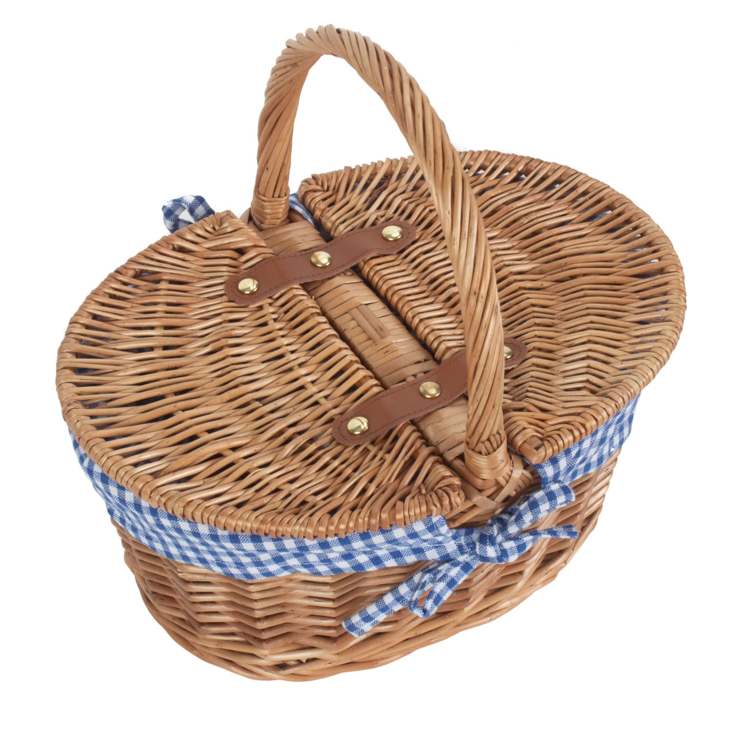 Child's Light Steamed Finish Willow Oval Picnic Basket with Blue & White Checked Lining