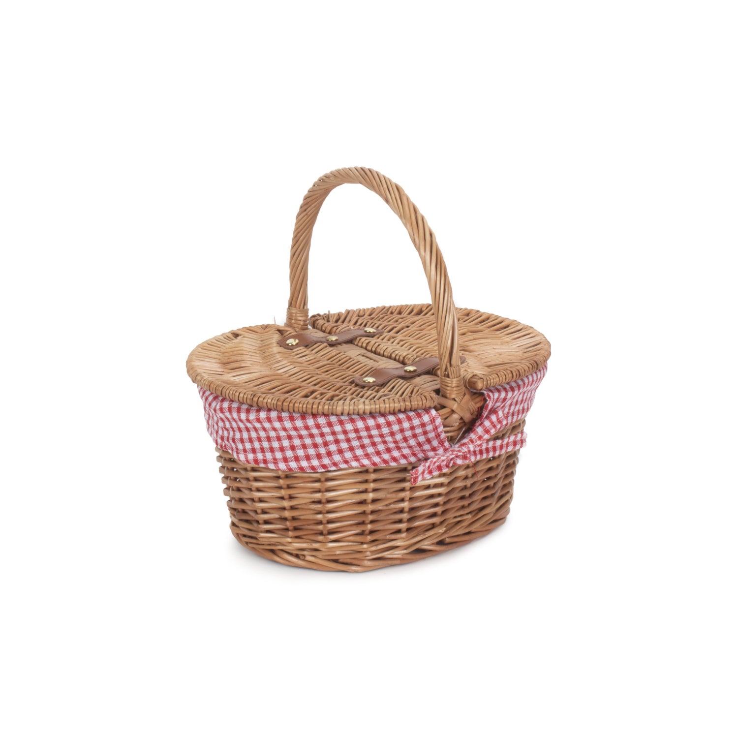 Child's Light Steamed Finish Willow Oval Picnic Basket with Red & White Checked Lining