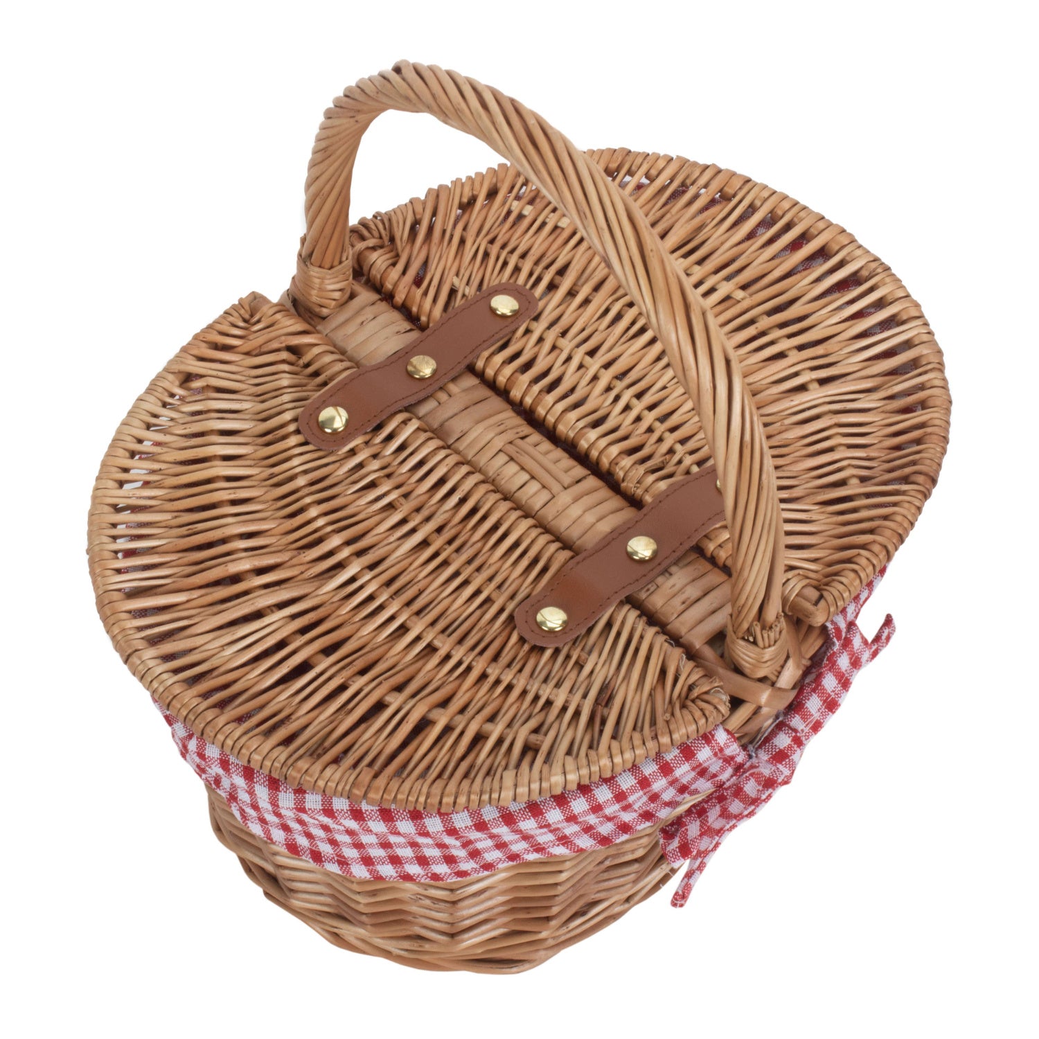 Child's Light Steamed Finish Willow Oval Picnic Basket with Red & White Checked Lining