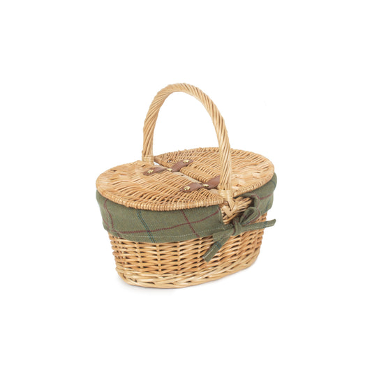 Child's Oval Willow Lidded Picnic Hamper with Green Tweed Lining