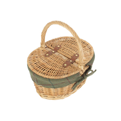 Child's Oval Willow Lidded Picnic Hamper with Green Tweed Lining