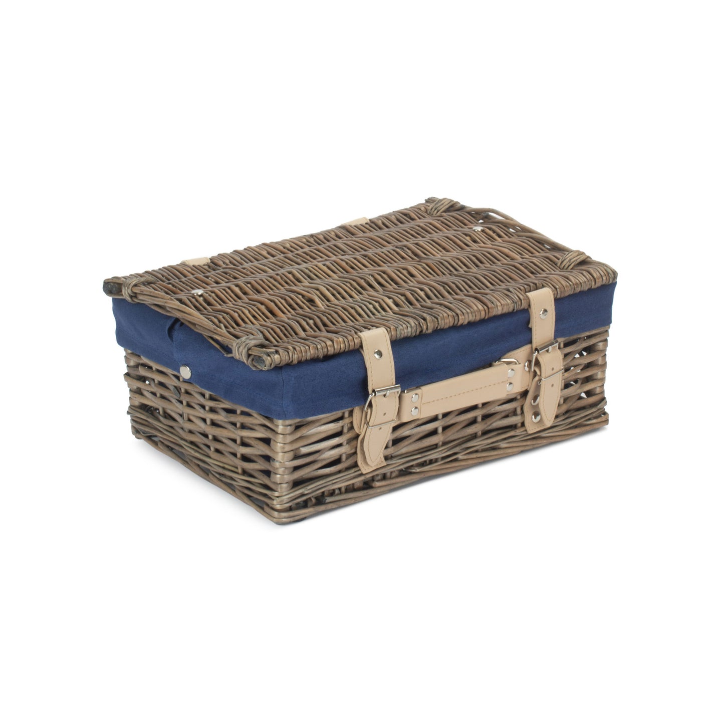 14 Inch Antique Wash Split Willow Hamper With Navy Blue Lining