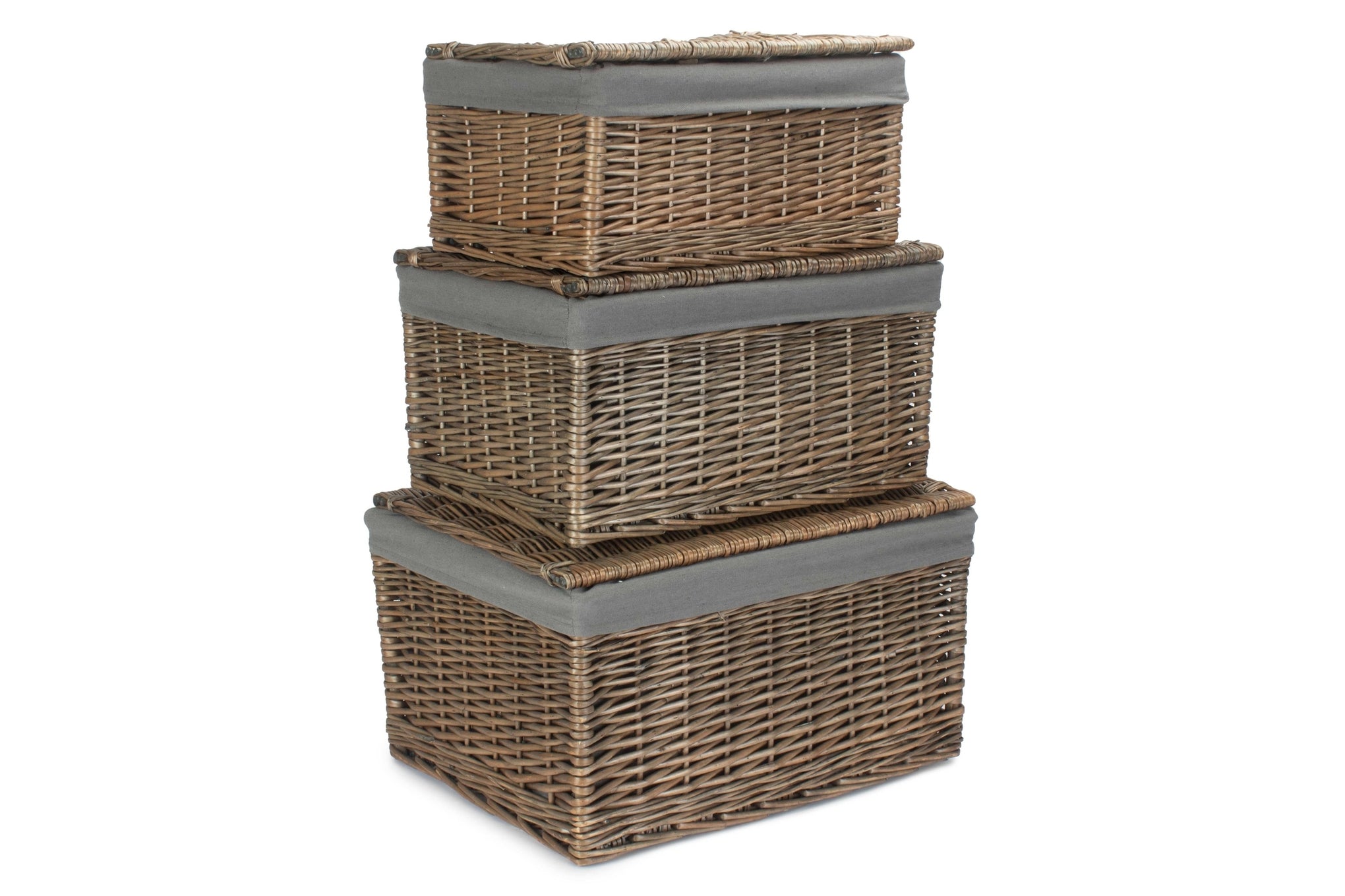 Antique Wash Willow Storage Hamper with Grey Sage Lining Set 3