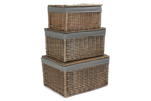 Antique Wash Willow Storage Hamper with Grey Sage Lining Set 3