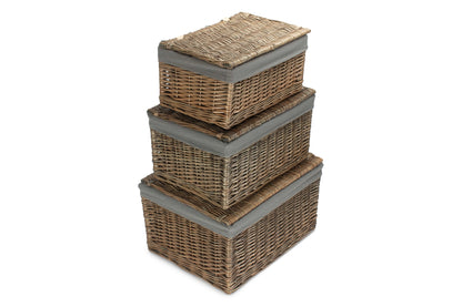 Antique Wash Willow Storage Hamper with Grey Sage Lining Set 3