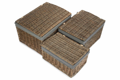 Antique Wash Willow Storage Hamper with Grey Sage Lining Set 3