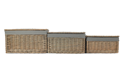 Antique Wash Willow Storage Hamper with Grey Sage Lining Set 3