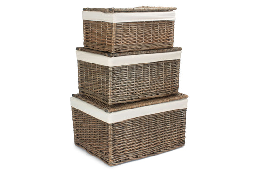 Antique Wash Willow Storage Hamper with White Lining Set 3