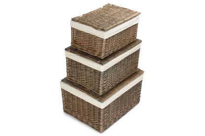Antique Wash Willow Storage Hamper with White Lining Set 3