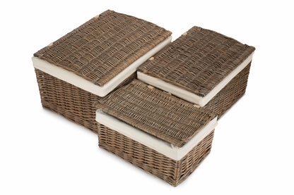 Antique Wash Willow Storage Hamper with White Lining Set 3