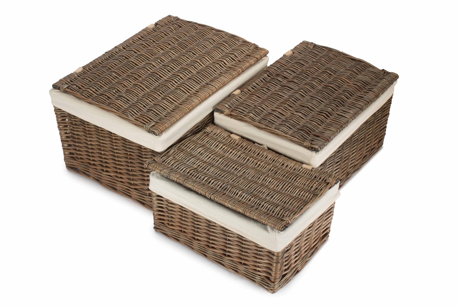 Antique Wash Willow Storage Hamper with White Lining Set 3