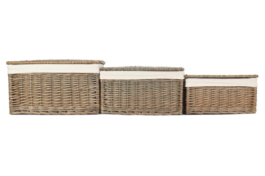 Antique Wash Willow Storage Hamper with White Lining Set 3