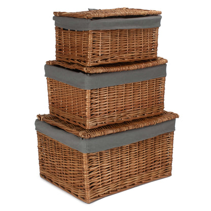 Double Steamed Storage Willow Hamper with Grey Sage Lining Set 3
