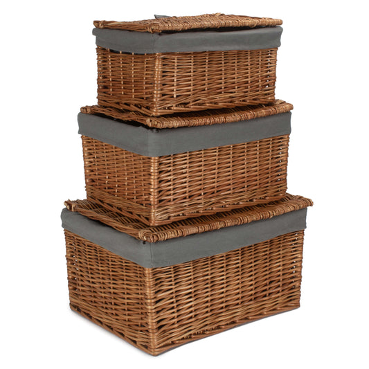 Double Steamed Storage Willow Hamper with Grey Sage Lining Set 3