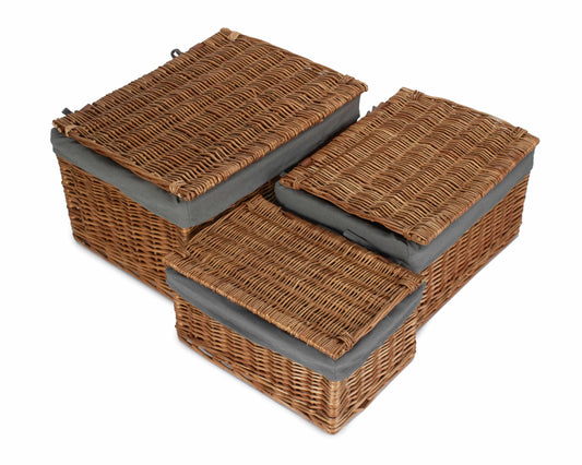 Double Steamed Storage Willow Hamper with Grey Sage Lining Set 3