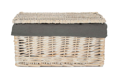 Medium White Wash Finish Willow Storage Hamper with Grey Sage Lining