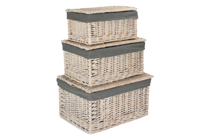 White Wash Finish Willow Storage Hamper with Grey Sage Lining Set 3
