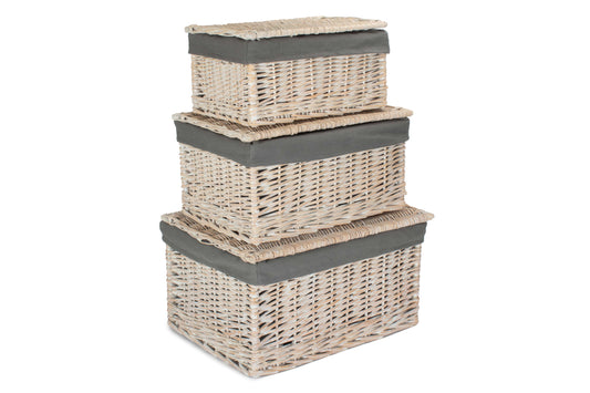 White Wash Finish Willow Storage Hamper with Grey Sage Lining Set 3
