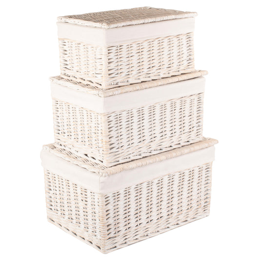 White Wash Finish Willow Storage Hamper with White Lining Set 3