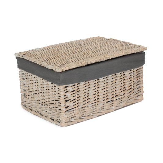 Large White Wash Finish Willow Storage Hamper with Grey Sage Lining