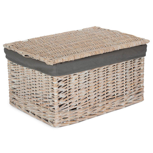 Extra Large White Wash Finish Willow Storage Hamper with Grey Sage Lining