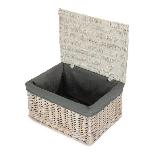 Extra Large White Wash Finish Willow Storage Hamper with Grey Sage Lining