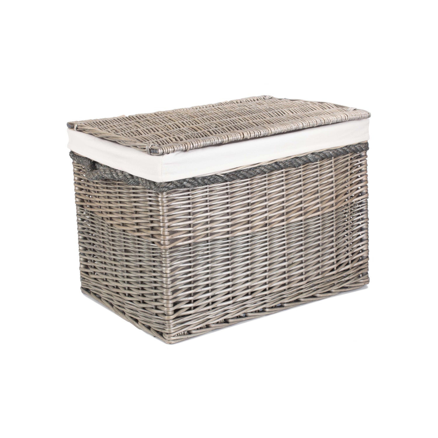 23 Inch Antique Wash Willow Storage Hamper with Rope Handles and White Lining