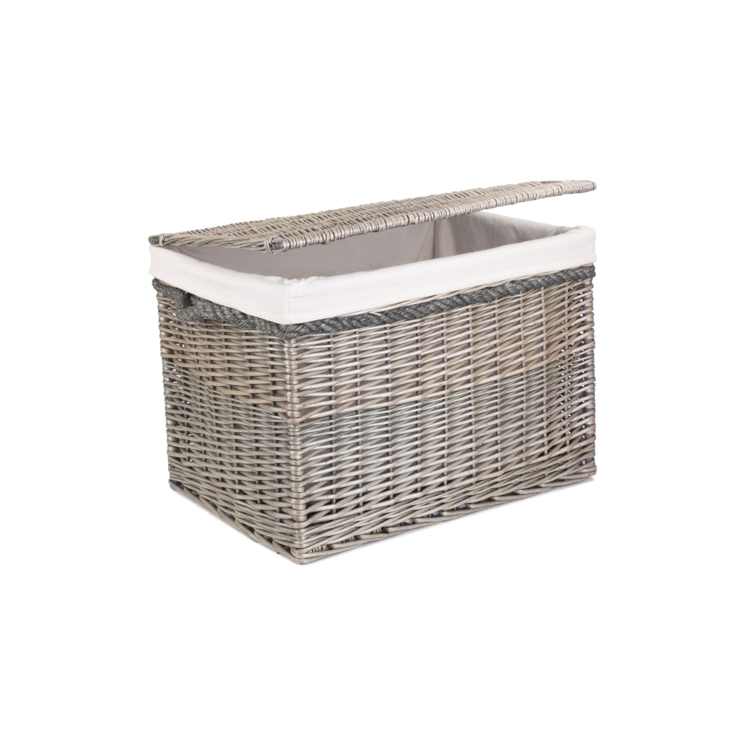23 Inch Antique Wash Willow Storage Hamper with Rope Handles and White Lining