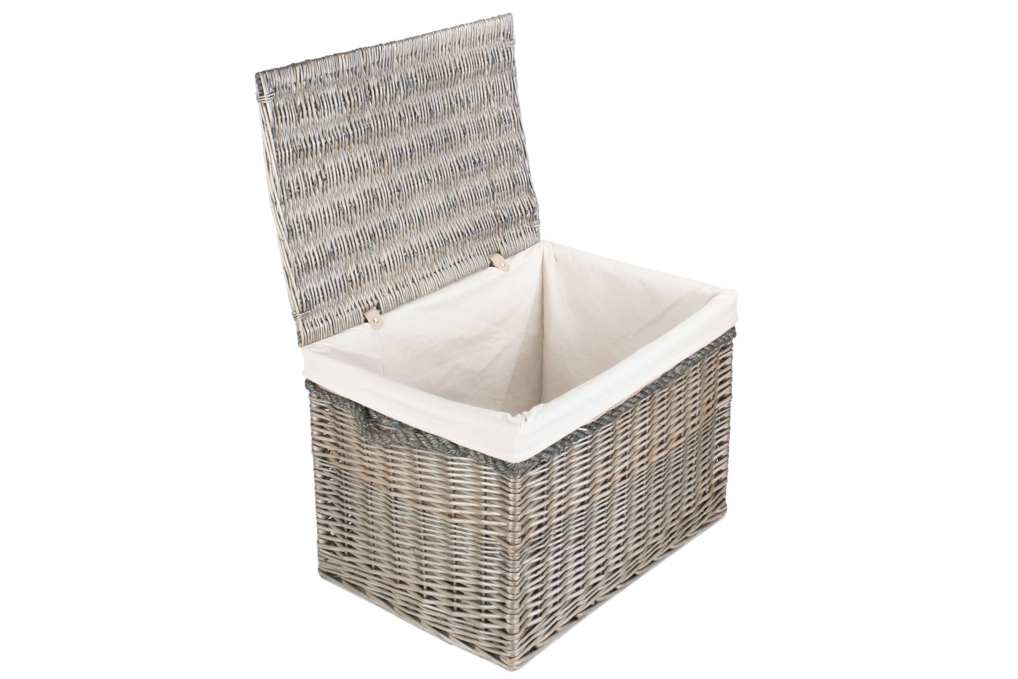 23 Inch Antique Wash Willow Storage Hamper with Rope Handles and White Lining