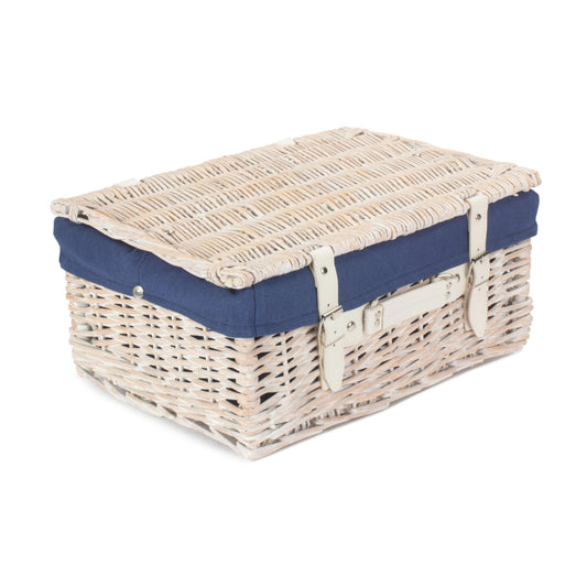 16 Inch White Wash Willow Hamper with Navy Blue Lining