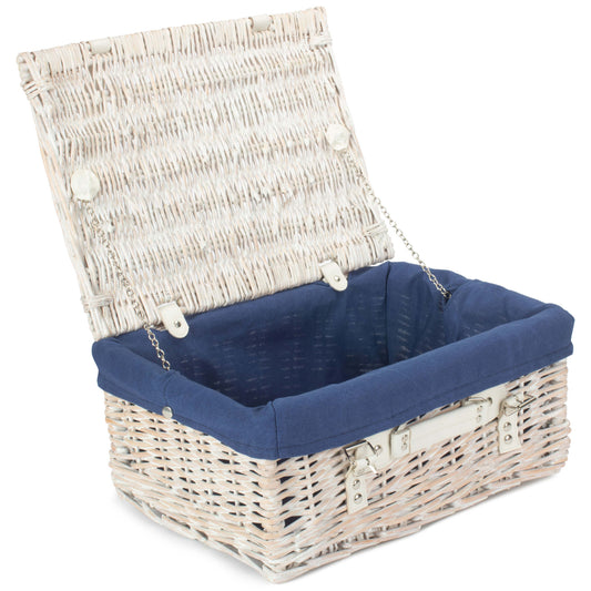 16 Inch White Wash Willow Hamper with Navy Blue Lining