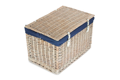 24 Inch White Wash Willow Chest Hamper with Navy Blue Lining
