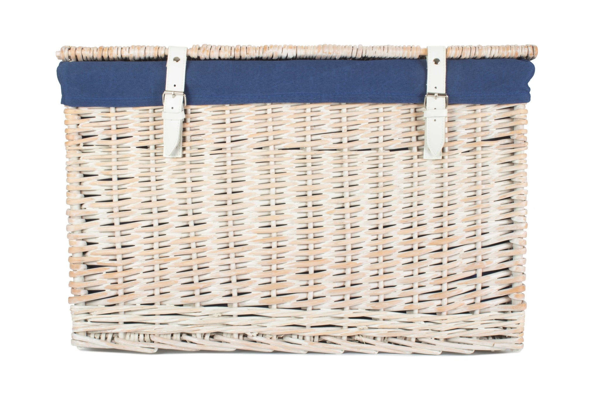 24 Inch White Wash Willow Chest Hamper with Navy Blue Lining