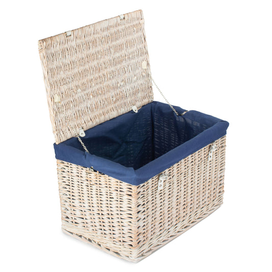 24 Inch White Wash Willow Chest Hamper with Navy Blue Lining