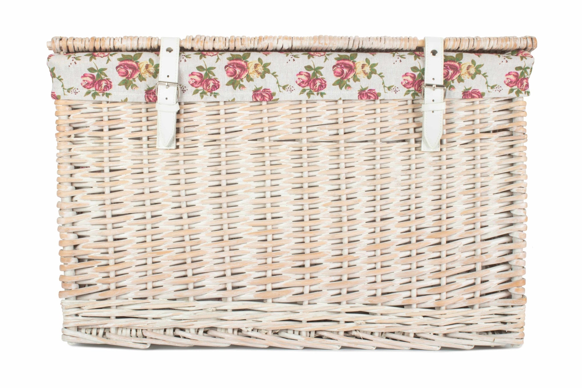 24 Inch White Wash Willow Chest Hamper with Garden Rose Lining
