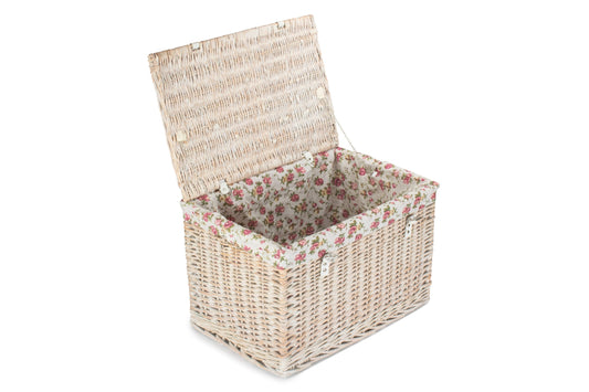 24 Inch White Wash Willow Chest Hamper with Garden Rose Lining